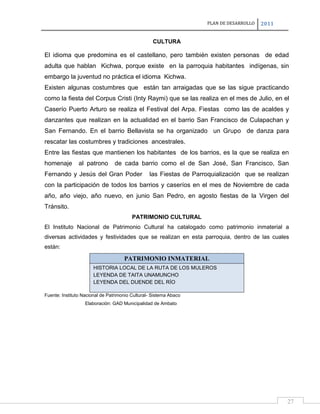 PLAN DE DESARROLLO

2011

CULTURA

El idioma que predomina es el castellano, pero también existen personas de edad
adulta que hablan Kichwa, porque existe en la parroquia habitantes indígenas, sin
embargo la juventud no práctica el idioma Kichwa.
Existen algunas costumbres que están tan arraigadas que se las sigue practicando
como la fiesta del Corpus Cristi (Inty Raymi) que se las realiza en el mes de Julio, en el
Caserío Puerto Arturo se realiza el Festival del Arpa. Fiestas como las de acaldes y
danzantes que realizan en la actualidad en el barrio San Francisco de Culapachan y
San Fernando. En el barrio Bellavista se ha organizado un Grupo de danza para
rescatar las costumbres y tradiciones ancestrales.
Entre las fiestas que mantienen los habitantes de los barrios, es la que se realiza en
homenaje

al patrono

de cada barrio como el de San José, San Francisco, San

Fernando y Jesús del Gran Poder

las Fiestas de Parroquialización que se realizan

con la participación de todos los barrios y caseríos en el mes de Noviembre de cada
año, año viejo, año nuevo, en junio San Pedro, en agosto fiestas de la Virgen del
Tránsito.
PATRIMONIO CULTURAL
El Instituto Nacional de Patrimonio Cultural ha catalogado como patrimonio inmaterial a
diversas actividades y festividades que se realizan en esta parroquia, dentro de las cuales
están:

PATRIMONIO INMATERIAL
HISTORIA LOCAL DE LA RUTA DE LOS MULEROS
LEYENDA DE TAITA UNAMUNCHO
LEYENDA DEL DUENDE DEL RÍO
Fuente: Instituto Nacional de Patrimonio Cultural- Sistema Abaco
Elaboración: GAD Municipalidad de Ambato

27

 