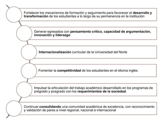 Fortalecer los mecanismos de formación y seguimiento para favorecer el desarrollo y
transformación de los estudiantes a lo largo de su permanencia en la institución
Generar egresados con pensamiento crítico, capacidad de argumentación,
innovación y liderazgo
Internacionalización curricular de la Universidad del Norte
Fomentar la competitividad de los estudiantes en el idioma inglés.
Impulsar la articulación del trabajo académico desarrollado en los programas de
pregrado y posgrado con los requerimientos de la sociedad.
Continuar consolidando una comunidad académica de excelencia, con reconocimiento
y validación de pares a nivel regional, nacional e internacional
 