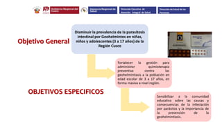 Objetivo General
Disminuir la prevalencia de la parasitosis
intestinal por Geohelmintos en niñas,
niños y adolescentes (3 a 17 años) de la
Región Cusco
Fortalecer la gestión para
administrar quimioterapia
preventiva contra las
geohelmintiasis a la población en
edad escolar de 3 a 17 años, en
forma masiva a nivel región.
Sensibilizar a la comunidad
educativa sobre las causas y
consecuencias de la infestación
por parásitos y la importancia de
la prevención de la
geohelmintiasis.
OBJETIVOS ESPECIFICOS
Dirección Ejecutiva de
Atención Integral de Salud
Dirección de Salud de las
Personas
 