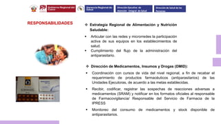 RESPONSABILIDADES  Estrategia Regional de Alimentación y Nutrición
Saludable:
 Articular con las redes y microrredes la participación
activa de sus equipos en los establecimientos de
salud.
 Cumplimiento del flujo de la administración del
antiparasitario.
Dirección Ejecutiva de
Atención Integral de Salud
Dirección de Salud de las
Personas
 Dirección de Medicamentos, Insumos y Drogas (DMID):
 Coordinación con cursos de vida del nivel regional, a fin de recabar el
requerimiento de productos farmacéuticos (antiparasitarios) de las
Unidades Ejecutoras, de acuerdo a las metas establecidas.
 Recibir, codificar, registrar las sospechas de reacciones adversas a
medicamentos (SRAM) y notificar en los formatos oficiales al responsable
de Farmacovigilancia/ Responsable del Servicio de Farmacia de la
IPRESS
 Monitoreo del consumo de medicamentos y stock disponible de
antiparasitarios.
 