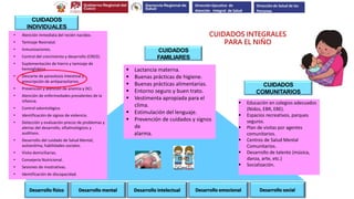 • Atención Inmediata del recién nacidos.
• Tamizaje Neonatal.
• Inmunizaciones.
• Control del crecimiento y desarrollo (CRED).
• Suplementación de hierro y tamizaje de
hemoglobina.
• Descarte de parasitosis Intestinal y
prescripción de antiparasitarios.
• Prevención y atención de anemia y DCI.
• Atención de enfermedades prevalentes de la
infancia.
• Control odontológico.
• Identificación de signos de violencia.
• Detección y evaluación precoz de problemas y
alertas del desarrollo, oftalmológicos y
auditivos.
• Desarrollo del cuidado de Salud Mental,
autoestima, habilidades sociales.
• Visita domiciliarias.
• Consejería Nutricional.
• Sesiones de mostrativas.
• Identificación de discapacidad.
 Lactancia materna.
 Buenas prácticas de higiene.
 Buenas prácticas alimentarias.
 Entorno seguro y buen trato.
 Vestimenta apropiada para el
clima.
 Estimulación del lenguaje.
 Prevención de cuidados y signos
de
alarma.
 Educación en colegios adecuados
(Nidos, EBR, EBE).
 Espacios recreativos, parques
seguros.
 Plan de visitas por agentes
comunitarios.
 Centros de Salud Mental
Comunitarios.
 Desarrollo de talento (música,
danza, arte, etc.)
 Socialización.
CUIDADOS INTEGRALES
PARA EL NIÑO
CUIDADOS
INDIVIDUALES
CUIDADOS
COMUNITARIOS
CUIDADOS
FAMILIARES
Desarrollo físico Desarrollo mental Desarrollo intelectual Desarrollo emocional Desarrollo social
Dirección Ejecutiva de
Atención Integral de Salud
Dirección de Salud de las
Personas
 