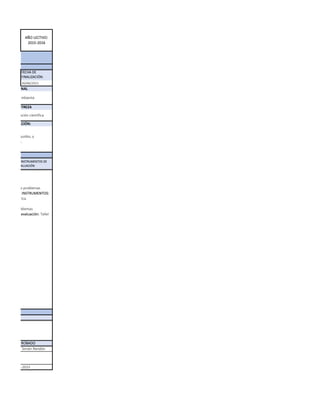 26/06/2015
APROBADO
Nombre: LIC. Simón Rendón
Firma:
Fecha: 15-06-2015
AL DE EVALUACIÓN:
de sólidos y líquidos, y
n de ejercicios.
TÉCNICAS / INSTRUMENTOS DE
EVALUACIÓN
TÉCNICAS:
Observación
Prueba
Resolución de problemas
INSTRUMENTOS:
Escala numérica.
Cuestionario
Banco de problemas
Actividad de evaluación: Taller
página 49.
PLICADA
AÑO LECTIVO:
2015-2016
FECHA DE
FINALIZACIÓN:
/ INSTITUCIONAL
n del medio ambiente
/ MACRODESTREZA
en una evaluación científica
 