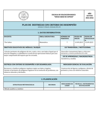 ESCUELA DE EDUCACION BASICA
“DIEGO ABAD DE CEPEDA”
AÑO
LECTIVO
2015-2016
PLAN DE DESTREZAS CON CRITERIO DE DESEMPEÑO
Artículo 11 literal i, Artículos 40 y 42
1. DATOS INFORMATIVOS:
DOCENTE: ÁREA/ASIGNATURA: NÚMERO DE
PERIODOS:
FECHA DE
INICIO:
FECHA DE
FINALIZACIÓ
N:
Tito Saltos Matemática 7 12-09-2015 12-09-2015
OBJETIVOS EDUCATIVOS DEL MÓDULO / BLOQUE: EJE TRANSVERSAL / INSTITUCIONAL
Calcular perímetro de polígonos de tres, cuatro, cinco, seis lados al igual que el
área de triángulos y cuadriláteros a través de las operaciones básicas para una
mejor comprensión del espacio que los circunda.
Desarrollar el pensamiento lógico y crítico para
interpretar y resolver problemas de la vida.
EJE DE APRENDIZAJE / MACRODESTREZA
Geométrico y medida
DESTREZA CON CRITERIO DE DESEMPEÑO A SER DESARROLLADA: INDICADOR ESENCIAL DE EVALUACIÓN:
Reconocer y clasificar polígonos regulares según sus lados y ángulos.
Calcular el perímetro de polígonos regulares en la resolución de problemas, con
números naturales y decimales.
Construcción de figuras y polígonos, cálculo de
perímetro y área con números naturales.
2. PLANIFICACIÓN
ESTRATEGIAS METODOLÓGICAS RECURSOS
INDICADORES DE
LOGRO
TÉCNICAS / INSTRUMENTOS
DE EVALUACIÓN
Método analítico y sintético
 