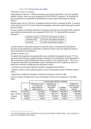 II.2.1.10.4 Infrastructura de utilităţi
Alimentare cu apă şi canalizare
Oraşul Baraolt având cca. 7.000 de consumatori este aprovizionat dintr-o sursă de suprafaţă
(pârâul Cormoş), sursă care nu se încadrează în STAS 4706-87, categoria I. de folosinţă, iar
apa este poluată şi de gospodăriile localităţilor din amonte, până când ajunge la staţia de
tratare. 35
Debitul captat este de 1740 mc/zi. Populaţia este deservită într-o proporţie de 68%. Consumul
mediu de apă este de 187 l/om/zi. O parte din populaţie utilizează ca apă de băut apă minerală
din surse locale.
În urma evaluării rezultatelor analizelor de laborator efectuate în cursul anului 2001 rezultă că
apa distribuită consumatorilor nu corespunde STAS 1342 – 91 Apă potabilă la următorii
parametrii:
                     substanţe organice la 65,51% din probele recoltate ;
                     coliformi totali      la 10,34% din probele recoltate ;
                     coli fecali           la 6,98% din probele recoltate.

Această situaţie se datorează şi faptului că staţia de tratare a fost proiectată iniţial pentru
furnizare de apă industrială şi tehnologia existentă de tratare a apei este inadecvată pentru a
aduce la parametrii de potabilitate.
Situaţia în mediul rural
In mediul rural populaţia consumă apă din sistem centralizat în proporţie de numai 17%, iar
apa furnizată de acestea corespunde calitativ parametrilor de potabilitate. Restul populaţiei se
aprovizionează cu apă din fântâni individuale şi publice ce au o adâncime de 4 – 20 m, care
corespunde indicatorilor de potabilitate numai în proporţie de 48,6%, putându-se remarca o
deteriorare continuă a calităţii ape din următoarele motive :
- utilizarea pe scară largă şi fără discernământ a îngrăşămintelor chimice ;
- poluarea solului cu ape reziduale organice care prin descompunere pun în libertate nitraţi şi
nitriţi ;
- depozitarea reziduurilor menajere şi animale în apropierea surselor de apă.
Cele mai afectate localităţi în privinţa concentraţiei de nitraţi sunt următoarele: Aita Mare,
Belin.
                                                 Locuinţe după dotarea cu instalaţii
                            Alimentare cu apă        Canalizare din                      Încălzire prin
                              in locuinţă (din       reţea publică                     termoficare sau
                            reţea publică sau         sau sistem        Instalaţie       prin centrală
                  Total      sistem propriu)            propriu         electrică           termică
România         8,110,407            4,313,803            4,146,814      7,809,356           2,954,592
Reg. 7 Centru     953,129              624,540              593,171        882,826             365,265
Covasna            85,594               50,361               48,189         82,549              27,213
Alutus             10,906                5,984                5,519          9,691               3,117




35
 PLAN DE DEZVOLTARE A JUDEŢULUI COVASNA PE TERMEN MEDIU (2006 – 2013), AGENDA 21
LOCALĂ A JUDEŢULUI COVASNA
 