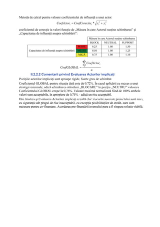 Metoda de calcul pentru valoare coeficientului de influenţă a unui actor:
                                CoefActori = CoefCorectiei * xi2 + y i2

coeficientul de corecţie ia valori funcţie de „Măsura în care Actorul susţine schimbarea” şi
„Capacitatea de influenţă asupra schimbării”:
                                                            Măsura în care Actorul susţine schimbarea
                                                            BLOCK        NEUTRAL          SUPPORT
                                                    MARE      0.25          1.00             1.50
       Capacitatea de influenţă asupra schimbării   MEDIE     0.50          1.00             1.25
                                                    MICĂ      0.75          1.00             1.10
                                                       n

                                                      ∑ CoefActor    i
                                   CoefGLOBAL =        1

                                                           n
          II.2.2.2 Comentarii privind Evaluarea Actorilor implicaţi
Poziţiile actorilor implicaţi sunt aproape rigide, foarte greu de schimbat.
Coeficientul GLOBAL pentru situaţia dată este de 0.72%. În cazul aplicării cu succes a unei
strategii minimale, adică schimbarea atitudinii „BLOCARE” în poziţia „NEUTRU” valoarea
Coeficientului GLOBAL creşte la 0,76%. Valoare maximă normalizată fiind de 100% ambele
valori sunt acceptabile, în apropiere de 0,75% - adică un risc acceptabil.
Din Analiza şi Evaluarea Actorilor implicaţi rezultă clar: riscurile asociate proiectului sunt mici,
cu siguranţă sub pragul de risc inacceptabil, cu excepţia posibilităţilor de credit, care sunt
necesare pentru co-finanţare. Acordarea pre-finanţării/avansului pare a fi singura soluţie viabilă.
 