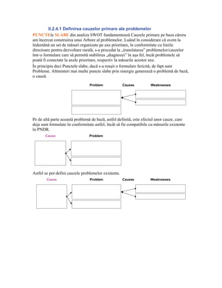II.2.4.1 Definirea cauzelor primare ale problemelor
PUNCTEle SLABE din analiza SWOT fundamentează Cauzele primare pe baza cărora
am încercat construirea unui Arbore al problemelor. Luând în considerare că avem la
îndemână un set de măsuri organizate pe axe prioritare, în conformitate cu liniile
directoare pentru dezvoltare rurală, s-a procedat la „translatarea” problemelor/cauzelor
într-o formulare care să permită stabilirea „diagnozei” în aşa fel, încât problemele să
poată fi conectate la axele prioritare, respectiv la măsurile acestor axe.
În principiu deci Punctele slabe, dacă s-a reuşit o formulare fericită, de fapt sunt
Probleme. Altminteri mai multe puncte slabe prin sinergie generează o problemă de bază,
o cauză.
                                 Problem              Causes         Weaknesses




Pe de altă parte această problemă de bază, astfel definită, este efectul unor cauze, care
deja sunt formulate în conformitate astfel, încât să fie compatibile cu măsurile existente
în PNDR.
       Cause                     Problem




Astfel se pot defini cauzele problemelor existente.
        Cause                    Problem              Causes         Weaknesses
 