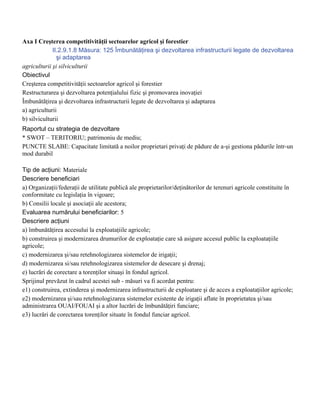 Axa I Creşterea competitivităţii sectoarelor agricol şi forestier
             II.2.9.1.8 Măsura: 125 Îmbunătăţirea şi dezvoltarea infrastructurii legate de dezvoltarea
               şi adaptarea
agriculturii şi silviculturii
Obiectivul
Creşterea competitivităţii sectoarelor agricol şi forestier
Restructurarea şi dezvoltarea potenţialului fizic şi promovarea inovaţiei
Îmbunătăţirea şi dezvoltarea infrastructurii legate de dezvoltarea şi adaptarea
a) agriculturii
b) silviculturii
Raportul cu strategia de dezvoltare
* SWOT – TERITORIU; patrimoniu de mediu;
PUNCTE SLABE: Capacitate limitată a noilor proprietari privaţi de pădure de a-şi gestiona pădurile într-un
mod durabil

Tip de acţiuni: Materiale
Descriere beneficiari
a) Organizaţii/federaţii de utilitate publică ale proprietarilor/deţinătorilor de terenuri agricole constituite în
conformitate cu legislaţia în vigoare;
b) Consilii locale şi asociaţii ale acestora;
Evaluarea numărului beneficiarilor: 5
Descriere acţiuni
a) îmbunătăţirea accesului la exploataţiile agricole;
b) construirea şi modernizarea drumurilor de exploataţie care să asigure accesul public la exploataţiile
agricole;
c) modernizarea şi/sau retehnologizarea sistemelor de irigaţii;
d) modernizarea si/sau retehnologizarea sistemelor de desecare şi drenaj;
e) lucrări de corectare a torenţilor situaşi în fondul agricol.
Sprijinul prevăzut în cadrul acestei sub - măsuri va fi acordat pentru:
e1) construirea, extinderea şi modernizarea infrastructurii de exploatare şi de acces a exploataţiilor agricole;
e2) modernizarea şi/sau retehnologizarea sistemelor existente de irigaţii aflate în proprietatea şi/sau
administrarea OUAI/FOUAI şi a altor lucrări de îmbunătăţiri funciare;
e3) lucrări de corectarea torenţilor situate în fondul funciar agricol.
 