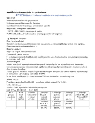 Axa II Îmbunătăţirea mediului şi a spaţiului rural
            II.2.9.2.6 Măsura: 223 Prima împădurire a terenurilor non-agricole
Obiectivul
Îmbunătăţirea mediului şi a spaţiului rural
Utilizarea sustenabilă a terenurilor forestiere
Extinderea resurselor forestiere pe terenurile non-agricole
Raportul cu strategia de dezvoltare
* SWOT – TERITORIU; patrimoniu de mediu;
PUNCTE SLABE: Activitate scăzută la nivelul pepinierelor silvice private

Tip de acţiuni: Imateriale
Descriere beneficiari
Deţinători privaţi, municipalităţi sau asociaţii ale acestora, ce plantează păduri pe terenuri non - agricole.
Evaluarea numărului beneficiarilor: 2
Descriere acţiuni
Plăţile vor acoperi următoarele costuri:
a) compensări pentru plantare
b) costuri de mentenanţă ale pădurilor (în cazul terenurilor agricole abandonate şi împădurite primă anuală pe
ha pentru cel mult 5 ani).
Activităţi eligibile
Măsura încurajează împădurirea terenurilor agricole slab productive sau terenurile agricole abandonate.
Împădurirea va asigura o utilizare multiplă a pădurilor şi în principal protecţie împotriva eroziunii solului şi
altor forme de degradare.
Măsura specifică mai multe obiective legate de îmbunătăţirea peisajului şi a calităţii mediului înconjurător şi
de îmbunătăţire a producţiei şi a absorbţiei de CO2.
În rest datele sunt identice cu cele de la măsura 221Prima împădurire a terenurilor agricole
Avans: 20.00%
Finanţare: Ajutorul public (FEADR + contribuţie publică naţională)%: 70.00%
Codul măsurii: 223
Măsura: Prima împădurire a terenurilor non-agricole
ECB 29 Apr. 2010 1 EUR = 4.137 RON
   Nr de        Cost        Estimarea    Contribuţia      Contribuţia     Contribuţia           Contribuţia
  proiecte      total     costului total  FEADR –            publică        privată           publică (FEADR
 prevăzute     mediu        pe măsură       măsură          naţională                         + Naţiona) RON
     2        €13,790        €27,581       €15,831           €3,476         €8,274                 79,873
                                         Contribuţia      Contribuţia     Contribuţia
                                          FEADR –            publică       privată%
                                          măsură%         naţională%
                                           57.40%            12.60%         30.00%
 