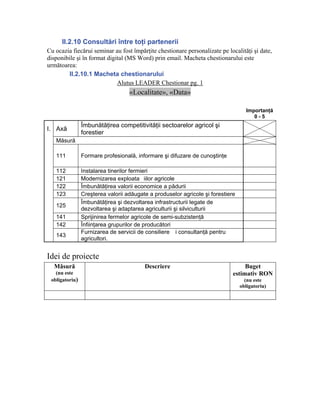 II.2.10 Consultări între toţi partenerii
Cu ocazia fiecărui seminar au fost împărţite chestionare personalizate pe localităţi şi date,
disponibile şi în format digital (MS Word) prin email. Macheta chestionarului este
următoarea:
         II.2.10.1 Macheta chestionarului
                             Alutus LEADER Chestionar pg. 1
                                   «Localitate», «Data»

                                                                                   Importanţă
                                                                                      0-5
                Îmbunătăţirea competitivităţii sectoarelor agricol şi
I. Axă
                forestier
   Măsură

   111          Formare profesională, informare şi difuzare de cunoştinţe

   112          Instalarea tinerilor fermieri
   121          Modernizarea exploata iilor agricole
   122          Îmbunătăţirea valorii economice a pădurii
   123          Creşterea valorii adăugate a produselor agricole şi forestiere
                Îmbunătăţirea şi dezvoltarea infrastructurii legate de
   125
                dezvoltarea şi adaptarea agriculturii şi silviculturii
   141          Sprijinirea fermelor agricole de semi-subzistenţă
   142          Înfiinţarea grupurilor de producători
                Furnizarea de servicii de consiliere i consultanţă pentru
   143
                agricultori.


Idei de proiecte
  Măsură                                 Descriere                                Buget
   (nu este                                                                  estimativ RON
 obligatoriu)                                                                      (nu este
                                                                                 obligatoriu)
 
