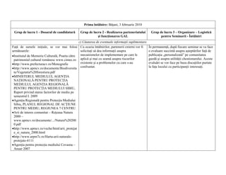 Prima întâlnire: Băţani, 3 februarie 2010

 Grup de lucru 1 - Dosarul de candidatură       Grup de lucru 2 - Realizarea parteneriatului        Grup de lucru 3 – Organizare – Logistică
                                                           şi funcţionarea GAL                            pentru Seminarii - Întâlniri
                                               c) Căutarea de eventuale informaţii suplimentare.
Faţă de sursele iniţiale, se vor mai folosi Cu ocazia întâlnirilor, partenerii externi vor fi      În permanenţă, după fiecare seminar se va face
următoarele:                                    solicitaţi să dea informaţii asupra                o evaluare succintă asupra aşteptărilor faţă de
•Institutul de Memorie Culturală, Poarta către  mecanismelor de implementare pe care le            publicaţia „personalizată” pe comunitatea
 patrimoniul cultural românesc www.cimec.ro aplică şi mai cu seamă asupra riscurilor               gazdă şi asupra utilităţii chestionarului. Aceste
•http://www.prefecturacv.ro/Monografie          existente şi a problemelor cu care s-au            evaluări se vor face pe baza discuţiilor purtate
•http://www.apmcv.ro/documente/Biodiversita confruntat.                                            la faţa locului cu participanţii interesaţi.
 te/Vegetatia%20forestiera.pdf
•MINISTERUL MEDIULUI, AGENŢIA
 NAŢIONALĂ PENTRU PROTECŢIA
 MEDIULUI, AGENŢIA REGIONALĂ
 PENTRU PROTECŢIA MEDIULUI SIBIU,
 Raport privind starea factorilor de mediu pe
 semestrul I. 2009
•Agenţia Regională pentru Protecţia Mediului
 Sibiu, PLANUL REGIONAL DE ACŢIUNE
 PENTRU MEDIU, REGIUNEA 7 CENTRU
•Arii de interes comunitar – Reţeaua Natura
 2000 –
 www.apmcv.ro/documente/.../Natura%20200
 0.pdf
•http://www.apmcv.ro/veche/html/arii_protejat
 e_si_natura_2000.html
•http://www.arpm7c.ro/Harta-arii-naturale-
 protejate-4111
•Agenţia pentru protecţia mediului Covasna –
 Anuar 2007
 