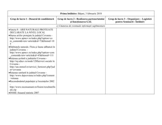 Prima întâlnire: Băţani, 3 februarie 2010

 Grup de lucru 1 - Dosarul de candidatură            Grup de lucru 2 - Realizarea parteneriatului       Grup de lucru 3 – Organizare – Logistică
                                                                şi funcţionarea GAL                           pentru Seminarii - Întâlniri
                                                    c) Căutarea de eventuale informaţii suplimentare.
•Anexa 8 - ARII NATURALE PROTEJATE
 DECLARATE LA NIVEL LOCAL
•Starea ariilor protejate în judeţul Covasna -
 http://www.apmcv.ro/index.php?option=co
 m_content&view=article&id=72&Itemid=10
 5
•Habitatele naturale. Flora şi fauna sălbatică în
 judeţul Covasna. -
 http://www.apmcv.ro/index.php?option=com
 _content&view=article&id=45&Itemid=111
•Reţeaua şcolară a judeţului Covasna -
 http://isj.educv.ro/node/128Servicii sociale în
 Covasna -
 http://sas.mmssf.ro/servicii_furnizori.php?jud
 et=covasna
•Reţeaua sanitară în judeţul Covasna -
 http://www.dspcovasna.ro/index.php?content
 =reteaua
•Recensământul populaţiei şi locuinţelor 2002
 -
 http://www.recensamant.ro/fisiere/rezultatefin
 ale.zip
•INSSE Anuarul statistic 2007
 