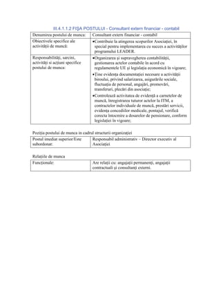 III.4.1.1.2 FIŞA POSTULUI - Consultant extern financiar - contabil
Denumirea postului de munca:      Consultant extern financiar - contabil
Obiectivele specifice ale         •Contribuie la atingerea scopurilor Asociaţiei, în
activităţii de muncă:              special pentru implementarea cu succes a activităţilor
                                   programului LEADER.
Responsabilităţi, sarcini,        •Organizarea şi supravegherea contabilităţii,
activităţi si acţiuni specifice    gestionarea actelor contabile în acord cu
postului de munca:                 regulamentele UE şi legislaţia economică în vigoare;
                                  •Ţine evidenţa documentaţiei necesare a activităţii
                                   biroului, privind salarizarea, asigurările sociale,
                                   fluctuaţia de personal, angajări, promovări,
                                   transferuri, plecări din asociaţie;
                                  •Controlează activitatea de evidenţă a carnetelor de
                                   muncă, înregistrarea tuturor actelor la ITM, a
                                   contractelor individuale de muncă, prestări servicii,
                                   evidenţa concediilor medicale, pontajul, verifică
                                   corecta întocmire a dosarelor de pensionare, conform
                                   legislaţiei în vigoare;

Poziţia postului de munca in cadrul structurii organizaţiei
Postul imediat superior/Este      Responsabil administrativ – Director executiv al
subordonat:                       Asociaţiei

Relaţiile de munca
Funcţionale:                      Are relaţii cu: angajaţii permanenţi, angajaţii
                                  contractuali şi consultanţi externi.
 