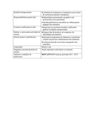 Relaţiile interpersonale:            •Contribuie la instaurarea şi menţinerea unui climat
                                      de comunicare deschis, transparent.
Responsabilitatea pentru alţii:      •Îmbunătăţirea permanentă a pregătirii sale
                                      profesionale şi de specialitate
                                     •Aprobă planificarea concediilor de odihnă pentru
                                      angajaţii din subordine
Contacte conflictuale cu alţii:      •Negociază şi conciliază situaţiile conflictuale
                                      apărute în relaţiile interpersonale
Rutina vs. provocarea activităţii de •Propune idei de proiecte, de cooperare, de
munca:                                îmbunătăţiri procedurale.
Ritmul muncii si planificarea:       •Participă la programele de elaborare şi actualizare
                                      a fişelor de post ale colaboratorilor din subordine
                                     •Evaluează periodic activitatea managerilor din
                                      subordine
Experienţă:                          Minim 3 ani
Pregătirea necesara postului de      Studii superioare echivalente cu masterat
muncă:
Salariul si condiţiile de            RON 3,275 RON lunar pe perioada 2011 - 2013
promovare:
 