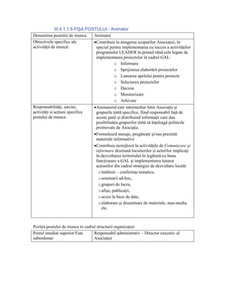 III.4.1.1.5 FIŞA POSTULUI - Animator
Denumirea postului de munca:      Animator
Obiectivele specifice ale         •Contribuie la atingerea scopurilor Asociaţiei, în
activităţii de muncă:              special pentru implementarea cu succes a activităţilor
                                   programului LEADER în primul rând cele legate de
                                   implementarea proiectelor în cadrul GAL:
                                              o Informare
                                              o Sprijinirea elaborării proiectelor
                                              o Lansarea apelului pentru proiecte
                                              o Selectarea proiectelor
                                              o Decizie
                                              o Monitorizare
                                              o Arhivare
Responsabilităţi, sarcini,        •Animatorul este intermediar între Asociaţie şi
activităţi si acţiuni specifice    grupurile ţintă specifice, fiind responsabil faţă de
postului de munca:                 aceste parţi şi distribuind informaţii care dau
                                   posibilitatea grupurilor ţintă să înţeleagă politicile
                                   promovate de Asociaţie.
                                  •Formulează mesaje, pregăteşte şi/sau prezintă
                                   materiale informative
                                  •Contribuie nemijlocit la activităţile de Comunicare şi
                                   informare destinată locuitorilor şi actorilor implicaţi
                                   în dezvoltarea teritoriului în legătură cu buna
                                   funcţionare a GAL şi implementarea tuturor
                                   acţiunilor din cadrul strategiei de dezvoltare locală:
                                    o întâlniri – conferinţe tematice,
                                    o seminarii ad-hoc,
                                    o grupuri de lucru,
                                    o afişe, publicaţii,
                                    o acces la baze de date,
                                    o elaborare şi diseminare de materiale, mas-media
                                      etc.



Poziţia postului de munca in cadrul structurii organizaţiei
Postul imediat superior/Este      Responsabil administrativ – Director executiv al
subordonat:                       Asociaţiei
 