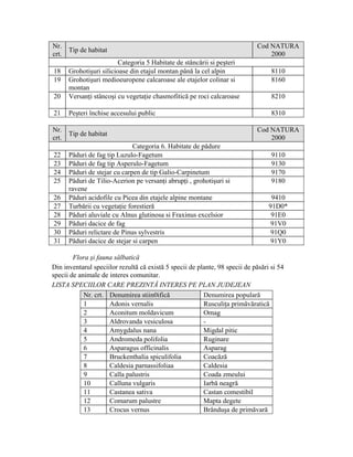 Nr.                                                                          Cod NATURA
       Tip de habitat
crt.                                                                             2000
                          Categoria 5 Habitate de stâncării si peşteri
18     Grohotişuri silicioase din etajul montan până la cel alpin                  8110
19     Grohotişuri medioeuropene calcaroase ale etajelor colinar si                8160
       montan
20     Versanţi stâncoşi cu vegetaţie chasmofitică pe roci calcaroase              8210

21     Peşteri închise accesului public                                            8310

Nr.                                                                          Cod NATURA
       Tip de habitat
crt.                                                                             2000
                               Categoria 6. Habitate de pădure
22     Păduri de fag tip Luzulo-Fagetum                                            9110
23     Păduri de fag tip Asperulo-Fagetum                                          9130
24     Păduri de stejar cu carpen de tip Galio-Carpinetum                          9170
25     Păduri de Tilio-Acerion pe versanţi abrupţi , grohotişuri si                9180
       ravene
26     Păduri acidofile cu Picea din etajele alpine montane                        9410
27     Turbării cu vegetaţie forestieră                                           91D0*
28     Păduri aluviale cu Alnus glutinosa si Fraxinus excelsior                    91E0
29     Păduri dacice de fag                                                        91V0
30     Păduri relictare de Pinus sylvestris                                        91Q0
31     Păduri dacice de stejar si carpen                                          91Y0

        Flora şi fauna sălbatică
Din inventarul speciilor rezultă că există 5 specii de plante, 98 specii de păsări si 54
specii de animale de interes comunitar.
LISTA SPECIILOR CARE PREZINTĂ INTERES PE PLAN JUDEJEAN
            Nr. crt. Denumirea stiin0ifică               Denumirea populară
            1        Adonis vernalis                     Rusculiţa primăvăratică
            2        Aconitum moldavicum                 Omag
            3        Aldrovanda vesiculosa               -
            4        Amygdalus nana                      Migdal pitic
            5        Andromeda polifolia                 Ruginare
            6        Asparagus officinalis               Asparag
            7        Bruckenthalia spiculifolia          Coacăză
            8        Caldesia parnassifoliaa             Caldesia
            9        Calla palustris                     Coada zmeului
            10       Calluna vulgaris                    Iarbă neagră
            11       Castanea sativa                     Castan comestibil
            12       Comarum palustre                    Mapta degete
            13       Crocus vernus                       Brânduşa de primăvară
 