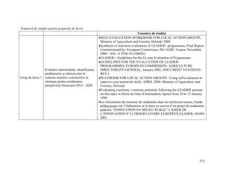 Tematică de studiat pentru grupurile de lucru
                                                                                    Tematica de studiat
                                                       •SELF-EVALUATION WORKBOOK FOR LOCAL ACTION GROUPS,
                                                        Ministry of Agriculture and Forestry Helsinki 2004
                                                       •Synthesis of mid-term evaluations of LEADER+ programmes, Final Report,
                                                        Commissioned by: European Commission, DG AGRI, Vienna, November
                                                        2006 / ANr. A 2936.10 (100026)
                                                       •LEADER+, Guidelines for the Ex ante Evaluation of Programmes
                                                       •GUIDELINES FOR THE EVALUATION OF LEADER+
                                                        PROGRAMMES, EUROPEAN COMMISSION, AGRICULTURE
                Evaluare intermediară, identificarea    DIRECTORATE-GENERAL, January 2002, DOCUMENT VI/43503/02-
                problemelor şi obiectivelor în          REV.1
Grup de lucru 1 vederea inserării concluziilor în      •PLAYBOOK FOR LOCAL ACTION GROUPS - Using self-evaluation to
                strategia pentru următoarea             improve your teamwork skills, APRIL 2004, Ministry of Agriculture and
                perspectivă financiară 2014 - 2020      Forestry, Helsinki
                                                       •Evaluating a territory’s touristic potential, following the LEADER seminar
                                                        on this topic in Sierra de Gata (Extremadura, Spain) from 10 to 13 January
                                                        1996.
                                                       •La valorisation du tourisme de randonnée dans les territoires ruraux, Guide
                                                        pédagogique sur l’élaboration et la mise en oeuvre d’un projet de randonnée
                                                        pédestre “INNOVATION EN MILIEU RURAL” CAHIER DE
                                                        L’INNOVATION N°12 OBSERVATOIRE EUROPÉEN LEADER, MARS
                                                        2001




                                                                                                                               373
 