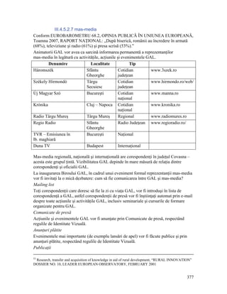 III.4.5.2.7 mas-media
Conform EUROBAROMETRU 68.2, OPINIA PUBLICĂ ÎN UNIUNEA EUROPEANĂ,
Toamna 2007, RAPORT NAŢIONAL: „După biserică, românii au încredere în armată
(68%), televiziune şi radio (61%) şi presa scrisă (53%).”
Animatorii GAL vor avea ca sarcină informarea permanentă a reprezentanţilor
mas-media în legătură cu activităţile, acţiunile şi evenimentele GAL.
        Denumire                 Localitate             Tip
Háromszék                      Sfântu             Cotidian         www.3szek.ro
                               Gheorghe           judeţean
Székely Hírmondó               Târgu              Cotidian         www.hirmondo.ro/web/
                               Secuiesc           judeţean
Új Magyar Szó                  Bucureşti          Cotidian         www.manna.ro
                                                  naţional
Krónika                        Cluj – Napoca Cotidian              www.kronika.ro
                                                  naţional
Radio Târgu Mureş              Târgu Mureş        Regional         www.radiomures.ro
Regio Radio                    Sfântu             Radio Judeţean www.regioradio.ro/
                               Gheorghe
TVR – Emisiunea în             Bucureşti          Naţional
lb. maghiară
Duna TV                        Budapest           Internaţional

Mas-media regională, naţională şi internaţională are corespondenţi în judeţul Covasna –
acesta este grupul ţintă. Vizibilitatea GAL depinde în mare măsură de relaţia dintre
corespondenţi şi oficialii GAL.
La inaugurarea Biroului GAL, în cadrul unui eveniment formal reprezentanţii mas-media
vor fi invitaţi la o mică dezbatere: cum să fie comunicarea între GAL şi mas-media?
Mailing list
Toţi corespondenţii care doresc să fie la zi cu viaţa GAL, vor fi introduşi în lista de
corespondenţă a GAL, astfel corespondenţii de presă vor fi înştiinţaţi automat prin e-mail
despre toate acţiunile şi activităţile GAL, inclusiv seminariale şi cursurile de formare
organizate pentru GAL.
Comunicate de presă
Acţiunile şi evenimentele GAL vor fi anunţate prin Comunicate de presă, respectând
regulile de Identitate Vizuală.
Anunţuri plătite
Evenimentele mai importante (de exemplu lansări de apel) vor fi făcute publice şi prin
anunţuri plătite, respectând regulile de Identitate Vizuală.
Publicaţii

53
 Research, transfer and acquisition of knowledge in aid of rural development, “RURAL INNOVATION”
DOSSIER NO. 10, LEADER EUROPEAN OBSERVATORY, FEBRUARY 2001


                                                                                             377
 