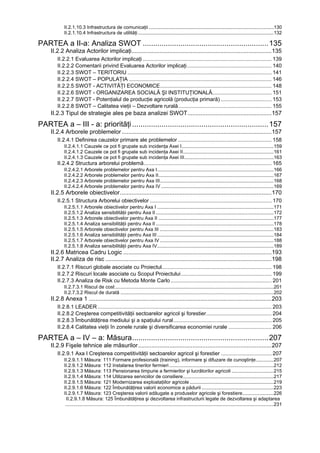 II.2.1.10.3 Infrastructura de comunicaţii ............................................................................................130
            II.2.1.10.4 Infrastructura de utilităţi ....................................................................................................132

PARTEA a II-a: Analiza SWOT ............................................................135
     II.2.2 Analiza Actorilor implicaţi.....................................................................................135
        II.2.2.1 Evaluarea Actorilor implicaţi ....................................................................................... 139
        II.2.2.2 Comentarii privind Evaluarea Actorilor implicaţi......................................................... 140
        II.2.2.3 SWOT – TERITORIU ................................................................................................. 141
        II.2.2.4 SWOT – POPULAŢIA ................................................................................................ 146
        II.2.2.5 SWOT - ACTIVITĂŢI ECONOMICE........................................................................... 148
        II.2.2.6 SWOT - ORGANIZAREA SOCIALĂ ŞI INSTITUŢIONALĂ........................................ 151
        II.2.2.7 SWOT - Potenţialul de producţie agricolă (producţia primară) .................................. 153
        II.2.2.8 SWOT – Calitatea vieţii – Dezvoltare rurală............................................................... 155
     II.2.3 Tipul de strategie ales pe baza analizei SWOT...................................................157
PARTEA a – III - a: priorităţi .................................................................157
     II.2.4 Arborele problemelor ...........................................................................................157
        II.2.4.1 Definirea cauzelor primare ale problemelor ............................................................... 158
            II.2.4.1.1 Cauzele ce pot fi grupate sub incidenţa Axei I....................................................................159
            II.2.4.1.2 Cauzele ce pot fi grupate sub incidenţa Axei II...................................................................161
            II.2.4.1.3 Cauzele ce pot fi grupate sub incidenţa Axei III..................................................................163
        II.2.4.2 Structura arborelui problemă...................................................................................... 165
            II.2.4.2.1 Arborele problemelor pentru Axa I......................................................................................166
            II.2.4.2.2 Arborele problemelor pentru Axa II.....................................................................................167
            II.2.4.2.3 Arborele problemelor pentru Axa III....................................................................................168
            II.2.4.2.4 Arborele problemelor pentru Axa IV ...................................................................................169
     II.2.5 Arborele obiectivelor............................................................................................170
        II.2.5.1 Structura Arborelui obiectivelor .................................................................................. 170
            II.2.5.1.1 Arborele obiectivelor pentru Axa I ......................................................................................171
            II.2.5.1.2 Analiza sensibilităţii pentru Axa II .......................................................................................172
            II.2.5.1.3 Arborele obiectivelor pentru Axa II .....................................................................................177
            II.2.5.1.4 Analiza sensibilităţii pentru Axa II .......................................................................................178
            II.2.5.1.5 Arborele obiectivelor pentru Axa III ....................................................................................183
            II.2.5.1.6 Analiza sensibilităţii pentru Axa III ......................................................................................184
            II.2.5.1.7 Arborele obiectivelor pentru Axa IV ....................................................................................188
            II.2.5.1.8 Analiza sensibilităţii pentru Axa IV......................................................................................189
     II.2.6 Matricea Cadru Logic ..........................................................................................193
     II.2.7 Analiza de risc .....................................................................................................198
        II.2.7.1 Riscuri globale asociate cu Proiectul.......................................................................... 198
        II.2.7.2 Riscuri locale asociate cu Scopul Proiectului............................................................. 199
        II.2.7.3 Analiza de Risk cu Metoda Monte Carlo .................................................................... 201
            II.2.7.3.1 Riscul de cost .....................................................................................................................201
            II.2.7.3.2 Riscul de durată .................................................................................................................202
     II.2.8 Anexa 1 ...............................................................................................................203
        II.2.8.1 LEADER ..................................................................................................................... 203
        II.2.8.2 Creşterea competitivităţii sectoarelor agricol şi forestier............................................ 204
        II.2.8.3 Îmbunătăţirea mediului şi a spaţiului rural.................................................................. 205
        II.2.8.4 Calitatea vieţii în zonele rurale şi diversificarea economiei rurale ............................. 206

PARTEA a – IV – a: Măsura.................................................................207
     II.2.9 Fişele tehnice ale măsurilor.................................................................................207
        II.2.9.1 Axa I Creşterea competitivităţii sectoarelor agricol şi forestier .................................. 207
            II.2.9.1.1 Măsura: 111 Formare profesională (training), informare şi difuzare de cunoştinţe.............207
            II.2.9.1.2 Măsura: 112 Instalarea tinerilor fermieri .............................................................................212
            II.2.9.1.3 Măsura: 113 Pensionarea timpurie a fermierilor şi lucrătorilor agricoli ...............................215
            II.2.9.1.4 Măsura: 114 Utilizarea serviciilor de consiliere...................................................................217
            II.2.9.1.5 Măsura: 121 Modernizarea exploataţiilor agricole ..............................................................219
            II.2.9.1.6 Măsura: 122 Îmbunătăţirea valorii economice a pădurii .....................................................223
            II.2.9.1.7 Măsura: 123 Creşterea valorii adăugate a produselor agricole şi forestiere.......................226
              II.2.9.1.8 Măsura: 125 Îmbunătăţirea şi dezvoltarea infrastructurii legate de dezvoltarea şi adaptarea
             ..........................................................................................................................................................231
 