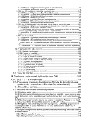 II.2.9.1.9 Măsura: 141 Sprijinirea fermelor agricole de semi-subzistenţă ..........................................234
           II.2.9.1.10 Măsura: 142 Înfiinţarea grupurilor de producători.............................................................238
       II.2.9.2 Axa II Îmbunătăţirea mediului şi a spaţiului rural........................................................ 245
           II.2.9.2.1 Măsura: 211 Sprijin pentru Zona Montană Defavorizată ....................................................245
           II.2.9.2.2 Măsura: 212 Sprijin pentru zone defavorizate – altele decât zona montană ......................248
           II.2.9.2.3 Măsura: 213 Plăţi Natura 2000 pe teren agricol .................................................................250
           II.2.9.2.4 Măsura: 214 Plăţi de Agro-mediu .......................................................................................252
           II.2.9.2.5 Măsura: 221 Prima împădurire a terenurilor agricole .........................................................256
           II.2.9.2.6 Măsura: 223 Prima împădurire a terenurilor non-agricole ..................................................259
           II.2.9.2.7 Măsura: 224 Plăţi Natura 2000 pe teren forestier ...............................................................260
       II.2.9.3 Axa III Calitatea vieţii în zonele rurale şi diversificarea economiei rurale .................. 261
           II.2.9.3.1 Măsura: 312 Sprijin pentru crearea şi dezvoltarea de micro-întreprinderi ..........................261
           II.2.9.3.2 Măsura: 313 Încurajarea activităţilor turistice .....................................................................265
                II.2.9.3.3 Măsura: 322 Renovarea, dezvoltarea satelor, îmbunătăţirea serviciilor de bază pentru
           economia şi populaţia rurală şi punerea în valoare a moştenirii rurale..............................................269
            II.2.9.3.4 Măsura: 341 Dobândire de competenţe, animare şi implementarea strategiilor de dezvoltare
           locală.................................................................................................................................................274
       II.2.9.4 Axa IV LEADER.......................................................................................................... 276
           II.2.9.4.1 Măsura: 411 Creşterea competitivităţii sectoarelor agricol şi forestier................................276
           II.2.9.4.2 Măsura: 412 Îmbunătăţirea mediului şi a spaţiului rural......................................................277
           II.2.9.4.3 Măsura: 413 Calitatea vieţii în zonele rurale şi diversificarea economiei rurale..................278
               II.2.9.4.4 Măsura: 421 Încurajarea actorilor de la nivel local de a lucra împreună cu reprezentan ţii
           altor ...................................................................................................................................................280
              II.2.9.4.5 Măsura: 431.2 Stimularea formării de parteneriate, pregătirea şi asigurarea implementării
            ..........................................................................................................................................................283
    II.2.10 Consultări între toţi partenerii ............................................................................285
       II.2.10.1 Macheta chestionarului ............................................................................................ 285
       II.2.10.2 Proiecte pe Localităţi ................................................................................................ 288
           II.2.10.2.1 Chestionare completate....................................................................................................288
           II.2.10.2.2 Idei de proiecte pe localităţi ..............................................................................................289
           II.2.10.2.3 Tabel sintetic proiecte pe localităţi şi măsuri ....................................................................290
           II.2.10.2.4 Tabel sintetic proiecte pe măsuri şi localităţi ....................................................................291
           II.2.10.2.5 Pondere normalizată pe axe.............................................................................................293
           II.2.10.2.6 Ponderea normalizată pe axe...........................................................................................293
           II.2.10.2.7 Ponderea axelor pe localităţi ............................................................................................294
           II.2.10.2.8 Ponderea măsurilor pe localităţi .......................................................................................294
           II.2.10.2.9 Clase de măsuri ...............................................................................................................298
           II.2.10.2.10 Idei de proiecte ...............................................................................................................300
           II.2.10.2.11 Harta tematică cu idei de proiecte ..................................................................................305
  II.3. Planul de finanţare .............................................................................. 306
III. Realizarea parteneriatului şi funcţionarea GAL ...............................311
PARTEA a – V – a: Parteneriatul .........................................................311
  III.1. Prezentarea procesului de elaborare a Planului de dezvoltare Locală
         (parteneriatul care realizează Planul de Dezvoltare Locală) ............. 311
    III.1.1 Consultări pe plan local ......................................................................................311
  III.2. Modurile de asociere a diferiţilor parteneri ......................................... 316
    III.2.1 Căutarea leader -ului; .........................................................................................317
    III.2.2 O analiză sumară (localizare geografică, tipuri de localităţi – oraşe, comune, sate,
    număr de locuitori etc.) a localităţilor cuprinse în teritoriului dorit pentru viitorul potenţial
    GAL; .............................................................................................................................317
    III.2.3 Identificarea persoanelor-resursă (cu care se va colabora). Acestea se vor stabili
    cu ajutorul autorităţilor din localităţile respective şi al DADR –urilor;............................317
    III.2.4 Pregătirea materialelor de prezentare a programului LEADER şi gruparea lor în
    vederea prezentării în cadrul întâlnirilor ce vor avea loc la iniţiativa leader -ului în
    prezenţa DADR -ului;....................................................................................................317
    III.2.5 Organizarea grupurilor de lucru (combinarea competenţelor) şi adunarea acestora
    în diferite întâlniri. .........................................................................................................317
       III.2.5.1 Temele grupurilor de lucru ........................................................................................ 317
       III.2.5.2 Componenţa grupurilor de lucru................................................................................ 318
 