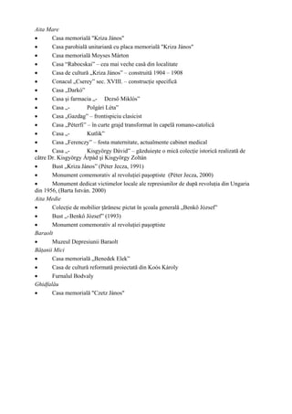 Aita Mare
•      Casa memorială "Kriza János"
•      Casa parohială unitariană cu placa memorială "Kriza János"
•      Casa memorială Moyses Márton
•      Casa “Rabocskai” – cea mai veche casă din localitate
•      Casa de cultură „Kriza János” – construită 1904 – 1908
•      Conacul „Cserey” sec. XVIII. – construcţie specifică
•      Casa „Darkó”
•      Casa şi farmacia „- Dezső Miklós”
•      Casa „-        Polgári Léta”
•      Casa „Gazdag” – frontispiciu clasicist
•      Casa „Péterfi” – în curte grajd transformat în capelă romano-catolică
•      Casa „-        Kutlik”
•      Casa „Ferenczy” – fosta maternitate, actualmente cabinet medical
•      Casa „-        Kisgyörgy Dávid” – găzduieşte o mică colecţie istorică realizată de
către Dr. Kisgyörgy Árpád şi Kisgyörgy Zoltán
•      Bust „Kriza János” (Péter Jecza, 1991)
•      Monument comemorativ al revoluţiei paşoptiste (Péter Jecza, 2000)
•      Monument dedicat victimelor locale ale represiunilor de după revoluţia din Ungaria
din 1956, (Barta István. 2000)
Aita Medie
•      Colecţie de mobilier ţărănesc pictat în şcoala generală „Benkő József”
•      Bust „- Benkő József” (1993)
•      Monument comemorativ al revoluţiei paşoptiste
Baraolt
•      Muzeul Depresiunii Baraolt
Băţanii Mici
•      Casa memorială „Benedek Elek”
•      Casa de cultură reformată proiectată din Koós Károly
•      Furnalul Bodvaly
Ghidfalău
•      Casa memorială "Czetz János"
 