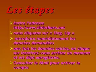 Les étapes écrire l'adresse http:/www.slideshare.net nous cliquons sur « Sing. Up » introduire immédiatement les données demandées une fois les données saisies, on clique sur Inscrivez-vous arrêter un moment et est déjà enregistrée. Consulter le Mail pour activer le compte