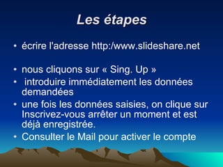 Les étapes écrire l'adresse http:/www.slideshare.net  nous cliquons sur « Sing. Up » introduire immédiatement les données demandées une fois les données saisies, on clique sur Inscrivez-vous arrêter un moment et est déjà enregistrée. Consulter le Mail pour activer le compte 