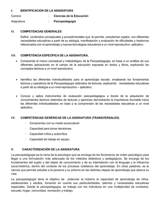 I.        IDENTIFICACION DE LA ASIGNATURA
Carrera                         :    Ciencias de la Educación
Asignatura                      :    Psicopedagogía


II.       COMPETENCIAS GENERALES
          Define contenidos conceptuales y procedimentales que le permite, caracterizar sujetos con diferentes
          necesidades educativas a partir de su etología, manifestación y evaluación de dificultades y trastornos
          relacionados con el aprendizaje y nuevas tecnologías educativas a un nivel reproductivo- aplicativo.


III.      COMPETENCIA ESPECÍFICA DE LA ASIGNATURA.
      •   Comprende el marco conceptual y metodológico de la Psicopedagogía, en base a un análisis de sus
          diferentes aplicaciones en el campo de la educación expuesta en textos y libros, explicando los
          conceptos teóricos a un nivel reproductivo.


      •   Identifica las diferentes individualidades para el aprendizaje escolar, empleando los fundamentos
          teóricos y operativos de la Psicopedagogía obtenidos de lecturas, explicando necesidades educativas
          a partir de su etiología a un nivel reproductivo – aplicativo.


      •   Conoce y aplica instrumentos de evaluación psicopedagógica a través de la adquisición de
          conocimientos teóricos obtenidos de lecturas y ejercicios demostrando la importancia favorable hacia
          las diferentes individualidades en base a la comprensión de las necesidades educativas a un nivel
          aplicativo.


IV.       COMPETENCIAS GENÉRICAS DE LA ASIGNATURA (TRANSVERSALES)
             -   Compromiso con su medio sociocultural
             -   Capacidad para tomar decisiones
             -   Capacidad crítica y autocrítica
             -   Capacidad de trabajo en equipo


V.         CARACTERIZACIÓN DE LA ASIGNATURA
La psicopedagogía es la rama de la psicología que se encarga de los fenómenos de orden psicológico para
llegar a una formulación más adecuada de los métodos didácticos y pedagógicos. Se encarga de los
fundamentos del sujeto y del objeto de conocimiento y de su interrelación con el lenguaje y la influencia
socio-histórica, dentro del contexto de los procesos cotidianos del aprendizaje. En otras palabras, es la
ciencia que permite estudiar a la persona y su entorno en las distintas etapas de aprendizaje que abarca su
vida.
La psicopedagogía tiene el objetivo de potenciar al máximo la capacidad de aprendizaje de niños,
adolescentes y adultos, tomando en cuenta sus particularidades, talentos y necesidades educativas
especiales. Desde la psicopedagogía, se trabaja con los individuos en una multiplicidad de contextos:
escuela, hogar, comunidad, recreación y trabajo.
 