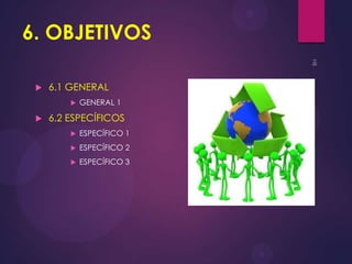 6. OBJETIVOS


6.1 GENERAL




GENERAL 1

6.2 ESPECÍFICOS


ESPECÍFICO 1



ESPECÍFICO 2



ESPECÍFICO 3

 