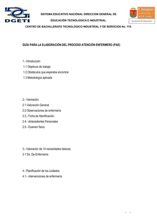 SISTEMA EDUCATIVO NACIONAL DIRECCION GENERAL DE

                         EDUCACIÓN TECNOLOGICA E INDUSTRIAL.

  CENTRO DE BACHILLERATO TECNOLOGICO INDUSTRIAL Y DE SERVICIOS No. 170.




GUÍA PARA LA ELABORACIÓN DEL PROCESO ATENCIÓN ENFERMERO (PAE)




1.- Introducción
1.1 Objetivos de trabajo
1.2 Obstáculos que esperaba encontrar
1.3 Metodología aplicada




2.- Valoración:
2.1 Valoración General
2.2 Observaciones de enfermería
2.3.- Ficha de Identificación
2.4.- Antecedentes Personales
2.5.- Examen físico




3.- Valoración de 14 necesidades básicas.
3.1 Dx. De Enfermería




4.- Planificación de los cuidados
4.1.- intervenciones de enfermería




                                                                     -   -
 