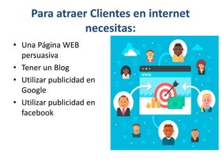 Para atraer Clientes en internet
necesitas:
• Una Página WEB
persuasiva
• Tener un Blog
• Utilizar publicidad en
Google
• Utilizar publicidad en
facebook
 