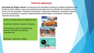 TIPOS DE AMENAZAS
Amenazas de Origen natural: Las fuerzas de la naturaleza ocasionan múltiples desastres en el
ámbito mundial, debido a que sus mecanismos de origen son muy difíciles de neutralizar como
ocurre con los terremotos, Tsunamis (maremotos), erupciones volcánicas y huracanes; algunas
como las inundaciones, sequías y deslizamientos pueden llegar a controlarse o atenuarse
mediante obras civiles.
Dentro de estas podemos categorizar las:
Tectónicas: Sismos, tsunamis, volcanes.
Hidrometeoro lógicos: Inundaciones,
sequías, fenómeno del pacifico,
huracanes etc.
Biológicos: epidemias, plagas.
 