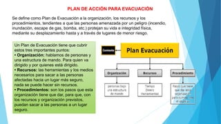 PLAN DE ACCIÓN PARA EVACUACIÓN
Se define como Plan de Evacuación a la organización, los recursos y los
procedimientos, tendientes a que las personas amenazada por un peligro (incendio,
inundación, escape de gas, bomba, etc.) protejan su vida e integridad física,
mediante su desplazamiento hasta y a través de lugares de menor riesgo.
Un Plan de Evacuación tiene que cubrir
estos tres importantes puntos:
• Organización: hablamos de personas y
una estructura de mando. Para quien va
dirigido y por quienes está dirigido.
• Recursos: las herramientas y los medios
necesarios para sacar a las personas
afectadas hacia un lugar más seguro,
nada se puede hacer sin recursos.
• Procedimientos: son los pasos que esta
organización tiene que dar, para que, con
los recursos y organización previstos,
puedan sacar a las personas a un lugar
seguro.
 