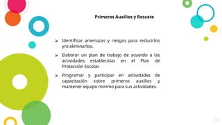 15
Primeros Auxilios y Rescate
⮚ Identificar amenazas y riesgos para reducirlos
y/o eliminarlos.
⮚ Elaborar un plan de trabajo de acuerdo a las
actividades establecidas en el Plan de
Protección Escolar.
⮚ Programar y participar en actividades de
capacitación sobre primeros auxilios y
mantener equipo mínimo para sus actividades.
 