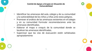 16
Comité de Apoyo a Grupos en Situación de
Vulnerabilidad
• Identificar las amenazas del aula, colegio y de su comunidad
y la vulnerabilidad de los niños y niñas ante estos peligros.
• Promover el análisis de las amenazas existentes en el colegio
y en su comunidad Formular recomendaciones ante las
amenazas identificadas.
• Elaborar el mapa o croquis de la comunidad donde se
localicen las amenazas identificadas.
• Supervisar que las vías de evacuación estén señalizadas
apropiadamente
 