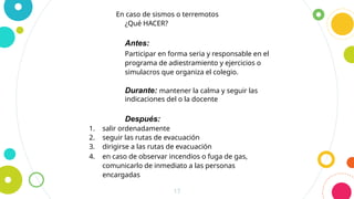 17
En caso de sismos o terremotos
¿Qué HACER?
Antes:
Participar en forma seria y responsable en el
programa de adiestramiento y ejercicios o
simulacros que organiza el colegio.
Durante: mantener la calma y seguir las
indicaciones del o la docente
Después:
1. salir ordenadamente
2. seguir las rutas de evacuación
3. dirigirse a las rutas de evacuación
4. en caso de observar incendios o fuga de gas,
comunicarlo de inmediato a las personas
encargadas
 