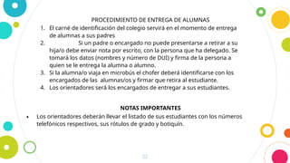 22
PROCEDIMIENTO DE ENTREGA DE ALUMNAS
1. El carné de identificación del colegio servirá en el momento de entrega
de alumnas a sus padres
2. Si un padre o encargado no puede presentarse a retirar a su
hija/o debe enviar nota por escrito, con la persona que ha delegado. Se
tomará los datos (nombres y número de DUI) y firma de la persona a
quien se le entrega la alumna o alumno.
3. Si la alumna/o viaja en microbús el chofer deberá identificarse con los
encargados de las alumnas/os y firmar que retira al estudiante.
4. Los orientadores será los encargados de entregar a sus estudiantes.
NOTAS IMPORTANTES
∙ Los orientadores deberán llevar el listado de sus estudiantes con los números
telefónicos respectivos, sus rótulos de grado y botiquín.
 