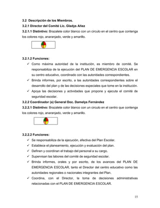 3.2 Descripción de los Miembros.
3.2.1 Director del Comité Lic. Gladys Añez
3.2.1.1 Distintivo: Brazalete color blanco con un circulo en el centro que contenga
los colores rojo, anaranjado, verde y amarillo.




3.2.1.2 Funciones:
    Como máxima autoridad de la institución, es miembro de comité. Se
      responsabiliza de la ejecución del PLAN DE EMERGENCIA ESCOLAR en
      su centro educativo, coordinado con las autoridades correspondientes.
    Brinda informes, por escrito, a las autoridades correspondientes sobre el
      desarrollo del plan y de las decisiones especiales que tome en la institución.
    Apoya las decisiones y actividades que propone y ejecuta el comité de
      seguridad escolar.
3.2.2 Coordinador (a) General Doc. Damelys Fernández
3.2.2.1 Distintivo: Brazalete color blanco con un circulo en el centro que contenga
los colores rojo, anaranjado, verde y amarillo.




3.2.2.2 Funciones:
    Se responsabiliza de la ejecución, efectiva del Plan Escolar.
    Establece el planeamiento, ejecución y evaluación del plan.
    Definen y coordinan el trabajo del personal a su cargo.
    Supervisan las labores del comité de seguridad escolar.
    Brinda informes, orales y por escrito, de los avances del PLAN DE
      EMERGENCIA ESCOLAR, tanto el Director del centro educativo como las
      autoridades regionales o nacionales integrantes del Plan.
    Coordina, con el Director, la toma de decisiones administrativas
      relacionadas con el PLAN DE EMERGENCIA ESCOLAR.



                                                                                 15
 