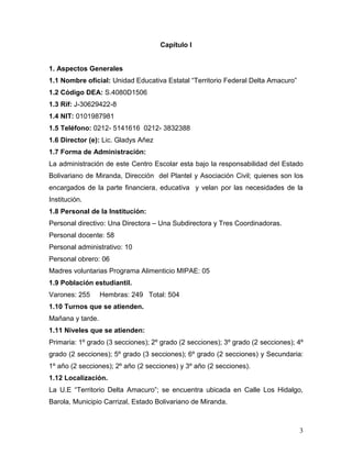 Capítulo I


1. Aspectos Generales
1.1 Nombre oficial: Unidad Educativa Estatal “Territorio Federal Delta Amacuro”
1.2 Código DEA: S.4080D1506
1.3 Rif: J-30629422-8
1.4 NIT: 0101987981
1.5 Teléfono: 0212- 5141616 0212- 3832388
1.6 Director (e): Lic. Gladys Añez
1.7 Forma de Administración:
La administración de este Centro Escolar esta bajo la responsabilidad del Estado
Bolivariano de Miranda, Dirección del Plantel y Asociación Civil; quienes son los
encargados de la parte financiera, educativa y velan por las necesidades de la
Institución.
1.8 Personal de la Institución:
Personal directivo: Una Directora – Una Subdirectora y Tres Coordinadoras.
Personal docente: 58
Personal administrativo: 10
Personal obrero: 06
Madres voluntarias Programa Alimenticio MIPAE: 05
1.9 Población estudiantil.
Varones: 255      Hembras: 249 Total: 504
1.10 Turnos que se atienden.
Mañana y tarde.
1.11 Niveles que se atienden:
Primaria: 1º grado (3 secciones); 2º grado (2 secciones); 3º grado (2 secciones); 4º
grado (2 secciones); 5º grado (3 secciones); 6º grado (2 secciones) y Secundaria:
1º año (2 secciones); 2º año (2 secciones) y 3º año (2 secciones).
1.12 Localización.
La U.E “Territorio Delta Amacuro”; se encuentra ubicada en Calle Los Hidalgo,
Barola, Municipio Carrizal, Estado Bolivariano de Miranda.



                                                                                  3
 