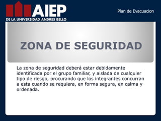 ZONA DE SEGURIDAD
La zona de seguridad deberá estar debidamente
identificada por el grupo familiar, y aislada de cualquier
tipo de riesgo, procurando que los integrantes concurran
a esta cuando se requiera, en forma segura, en calma y
ordenada.
 