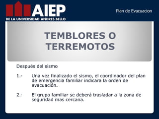 TEMBLORES O
TERREMOTOS
Después del sismo
1.- Una vez finalizado el sismo, el coordinador del plan
de emergencia familiar indicara la orden de
evacuación.
2.- El grupo familiar se deberá trasladar a la zona de
seguridad mas cercana.
 