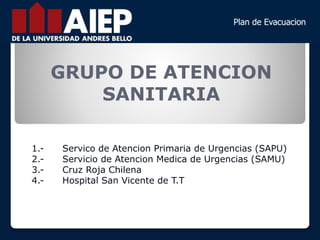 GRUPO DE ATENCION
SANITARIA
1.- Servico de Atencion Primaria de Urgencias (SAPU)
2.- Servicio de Atencion Medica de Urgencias (SAMU)
3.- Cruz Roja Chilena
4.- Hospital San Vicente de T.T
 