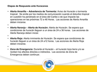 Etapas de Respuesta ante Huracanes
• Alerta Amarilla – Advertencia de Tormenta: Aviso de Huracán o tormenta
tropical. Se emite por los medios de comunicación cuando el disturbio tropical
en cuestión ha penetrado en el área del Caribe o de que impacte las
operaciones en las próximas 72 a 48 Horas. Las acciones de Alerta Amarilla
deben iniciarse.
•
• Alerta Naranja – Alerta de Huracán: Alerta de Huracán. Se espera que
condiciones de huracán lleguen a un área de 24 a 36 horas. Las acciones de
Alerta Naranja deben iniciar.
•
• Alerta Roja: Alerta inminente de Huracán. Se espera que condiciones de
huracán lleguen a un área de 24 a12 horas. Las acciones de Alerta Roja
deben iniciarse.
•
• Zona de Emergencia: Durante el Huracán – el huracán toca tierra y/o se
reciben los efectos directos e indirectos. Las acciones de Zona de
Emergencia deben continuar.
 