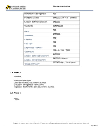 El original de este documento reposa en Desarrollo Organizacional y Recursos Humanos. Cualquier copia no autorizada por esta área, se considera copia no controlada del documento. 
Página 16 de 22 
Plan de Emergencias 
Numero único de urgencias 
123 
Bomberos Caobos 
6143290 / 2164078 / 6144105 
Estación de Policía Usaquén 
3159000 
Cuadrante 
3013460936 
Gaula 
165 
Acueducto 
2417000 
Codensa 
115 
Cruz Roja 
132 
Empresa de Teléfonos 
114 
Gas Natural 
164 / 4247655 / 7682 
Estación Bomberos Chapinero 
2175300 
Estación policía Chapinero 
2483515-2489616 
Clínica del Country 
5300470-5301270- 6226444 
2.4. Anexo 5 
Formatos. 
Planeación simulacro. 
Gasto de insumos para primeros auxilios. 
Evaluación emergencias o simulacros. 
Inspección de elementos para de primeros auxilios. 
2.5. Anexo 6 
PON´s. 
 