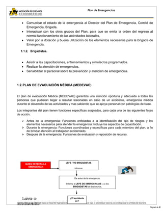 El original de este documento reposa en Desarrollo Organizacional y Recursos Humanos. Cualquier copia no autorizada por esta área, se considera copia no controlada del documento. 
Página 4 de 22 
Plan de Emergencias 
Comunicar el estado de la emergencia al Director del Plan de Emergencia, Comité de Emergencia, Brigada. Interactuar con los otros grupos del Plan, para que se emita la orden del regreso al normal funcionamiento de las actividades laborales. Velar por la dotación y buena utilización de los elementos necesarios para la Brigada de Emergencia. 
1.1.2. Brigadistas. 
Asistir a las capacitaciones, entrenamientos y simulacros programados. Realizar la atención de emergencias. Sensibilizar al personal sobre la prevención y atención de emergencias. 
1.2. PLAN DE EVACUACIÓN MÉDICA (MEDEVAC) 
El plan de evacuación Médica (MEDEVAC) garantiza una atención oportuna y adecuada a todas las personas que pudieran llegar a resultar lesionadas en caso de un accidente, emergencia médica durante el desarrollo de las actividades y mas sabiendo que se apoya personal con patologías de base. 
Los integrantes del plan tienen funciones específicas asignadas, para cada una de las siguientes fases de acción: 
 Antes de la emergencia: Funciones enfocadas a la identificación del tipo de riesgos y los elementos necesarios para atender la emergencia. Incluye los aspectos de capacitación. 
 Durante la emergencia: Funciones coordinadas y específicas para cada miembro del plan, a fin de brindar atención al trabajador accidentado. 
 Después de la emergencia: Funciones de evaluación y reposición de recurso. 
QUIEN DETECTA LA EMERGENCIA 
Da aviso de la emergencia. 
Informa al JEFE DE EMERGENCIAS y a los BRIGADISTAS de los hechos. 
JEFE Y/O BRIGADISTAS 
Informar 
¿El accidente es?  