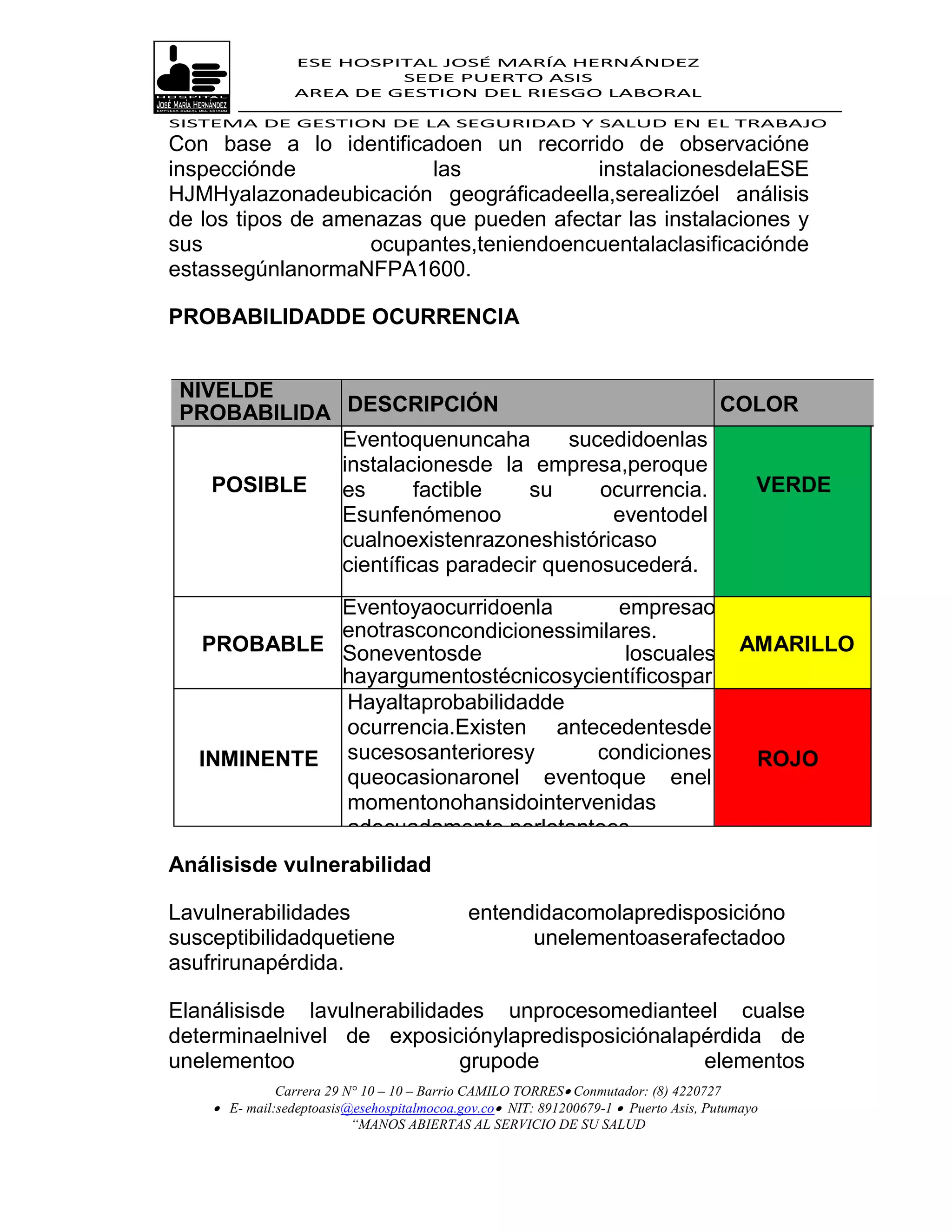 ESE HOSPITAL JOSÉ MARÍA HERNÁNDEZ
                          SEDE PUERTO ASIS
                 AREA DE GESTION DEL RIESGO LABORAL

SISTEMA DE GESTION DE LA SEGURIDAD Y SALUD EN EL TRABAJO
Con base a lo identificadoen un recorrido de observacióne
inspecciónde             las             instalacionesdelaESE
HJMHyalazonadeubicación geográficadeella,serealizóel análisis
de los tipos de amenazas que pueden afectar las instalaciones y
sus                 ocupantes,teniendoencuentalaclasificaciónde
estassegúnlanormaNFPA1600.

PROBABILIDADDE OCURRENCIA


 NIVELDE
 PROBABILIDA DESCRIPCIÓN                            COLOR
 D           Eventoquenuncaha        sucedidoenlas
             instalacionesde la empresa,peroque
    POSIBLE  es       factible   su     ocurrencia.   VERDE
             Esunfenómenoo               eventodel
             cualnoexistenrazoneshistóricaso
             científicas paradecir quenosucederá.
                Eventoyaocurridoenla       empresao
                enotrasconcondicionessimilares.
  PROBABLE Soneventosde                     loscuales                                   AMARILLO
                hayargumentostécnicosycientíficospar
                acreer
                 Hayaltaprobabilidadde
                quevolveránasucederenalgúnmoment
                 ocurrencia.Existen antecedentesde
                o.
  INMINENTE sucesosanterioresy          condiciones                                       ROJO
                 queocasionaronel eventoque enel
                 momentonohansidointervenidas
                 adecuadamente,porlotantoes
                 muyposibleque se vuelvaa presentar.
Análisisde vulnerabilidad

Lavulnerabilidades                          entendidacomolapredisposicióno
susceptibilidadquetiene                           unelementoaserafectadoo
asufrirunapérdida.

Elanálisisde lavulnerabilidades unprocesomedianteel cualse
determinaelnivel de exposiciónylapredisposiciónalapérdida de
unelementoo                  grupode               elementos
              Carrera 29 N° 10 – 10 – Barrio CAMILO TORRES Conmutador: (8) 4220727
     E- mail:sedeptoasis@esehospitalmocoa.gov.co NIT: 891200679-1  Puerto Asis, Putumayo
                          “MANOS ABIERTAS AL SERVICIO DE SU SALUD
 