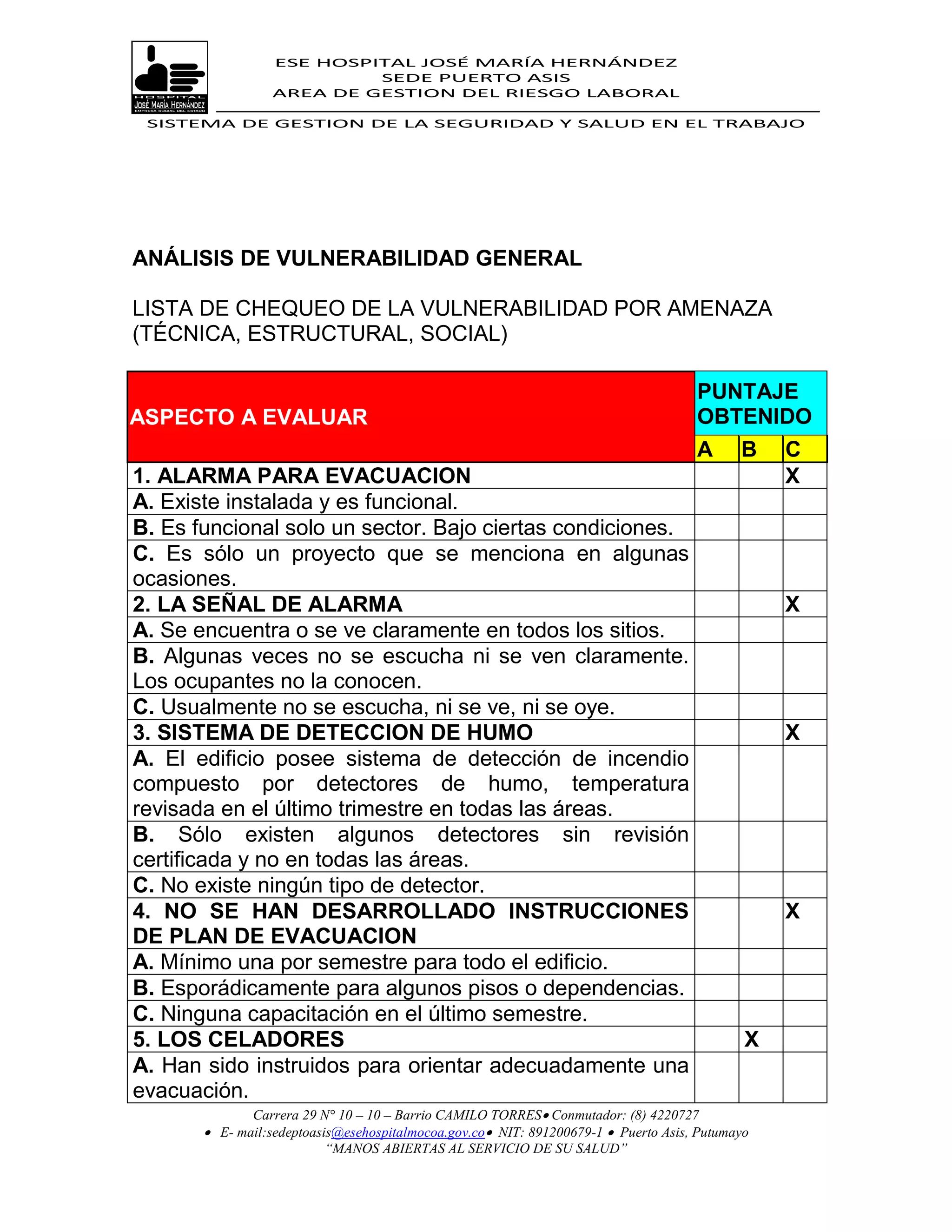 ESE HOSPITAL JOSÉ MARÍA HERNÁNDEZ
                           SEDE PUERTO ASIS
                  AREA DE GESTION DEL RIESGO LABORAL

 SISTEMA DE GESTION DE LA SEGURIDAD Y SALUD EN EL TRABAJO




ANÁLISIS DE VULNERABILIDAD GENERAL

LISTA DE CHEQUEO DE LA VULNERABILIDAD POR AMENAZA
(TÉCNICA, ESTRUCTURAL, SOCIAL)

                                                                                     PUNTAJE
ASPECTO A EVALUAR                                                                    OBTENIDO
                                                                                     A      B    C
1. ALARMA PARA EVACUACION                                                                        X
A. Existe instalada y es funcional.
B. Es funcional solo un sector. Bajo ciertas condiciones.
C. Es sólo un proyecto que se menciona en algunas
ocasiones.
2. LA SEÑAL DE ALARMA                                                                            X
A. Se encuentra o se ve claramente en todos los sitios.
B. Algunas veces no se escucha ni se ven claramente.
Los ocupantes no la conocen.
C. Usualmente no se escucha, ni se ve, ni se oye.
3. SISTEMA DE DETECCION DE HUMO                                                                  X
A. El edificio posee sistema de detección de incendio
compuesto por detectores de humo, temperatura
revisada en el último trimestre en todas las áreas.
B. Sólo existen algunos detectores sin revisión
certificada y no en todas las áreas.
C. No existe ningún tipo de detector.
4. NO SE HAN DESARROLLADO INSTRUCCIONES                                                          X
DE PLAN DE EVACUACION
A. Mínimo una por semestre para todo el edificio.
B. Esporádicamente para algunos pisos o dependencias.
C. Ninguna capacitación en el último semestre.
5. LOS CELADORES                                                                             X
A. Han sido instruidos para orientar adecuadamente una
evacuación.
              Carrera 29 N° 10 – 10 – Barrio CAMILO TORRES Conmutador: (8) 4220727
        E- mail:sedeptoasis@esehospitalmocoa.gov.co NIT: 891200679-1  Puerto Asis, Putumayo
                          “MANOS ABIERTAS AL SERVICIO DE SU SALUD”
 