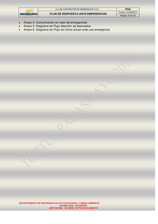 H y HE CONTRATISTAS GENERALES S.A.C PRAE
PLAN DE RESPUESTA ANTE EMERGENCIAS
Fecha: 01/02/2013
Página 18 de 22
DEPARTAMENTO DE SEGURIDAD SALUD OCUPACIONAL Y MEDIO AMBIENTE
WILBER RUIZ GUTIERREZ
JEFE SSOMA DE OBRA TOTTUS PACASMAYO
Anexo 4: Comunicación en caso de emergencias
Anexo 5: Diagrama de Flujo Atención de lesionados
Anexo 6: Diagrama de Flujo de Cómo actuar ante una emergencia
 