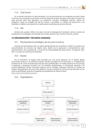 PLAN DE NEGOCIO PARA DEC-OK, S.L.
11.3.

01 – 10 – 2012

Call Center

En un primer momento no será necesario. Las comunicaciones con empresas se harán todas
vía email. A las empresas que entren a formar parte de la base de datos se les dará acceso a la
web privado para que gestionen sus productos virtuales, modifiquen precios, retiren los
obsoletos, suban los modelos 3D de los nuevos y actualicen su cartera de productos. Sí se
facilitará un teléfono de atención al cliente para cuestiones de servicio técnico.

11.4.

MIS

Número de usuarios, tráfico a la web, fans de la fanpage de Facebook, ventas, número de
empresas en el catálogo y porcentaje de usuarios premium por número total de usuarios.

12. ORGANIZACIÓN Y RECURSOS HUMANOS
12.1.

Planteamiento estratégico de recursos humanos

Durante los tres primeros años no existe planteamiento de contratar a nadie. En cambio sí se
subcontratarán los servicios de diseño web, diseño de la aplicación, mantenimiento web,
mantenimiento de la aplicación y servicios de asesoría/gestoría (este último, el segundo año,
2014, cuando se constituya la empresa).

12.2.

Equipo

Por el momento, el equipo está formado por una única persona. En mi tarjeta digital
encontrará enlaces a mi perfil de Linkedin donde es posible ver mi formación y mi experiencia
profesional así como recomendaciones de otros profesionales, mi Twitter personal en el que sigo
a personas y empresas acordes con mis intereses profesionales, mi Facebook personal y mi
cuenta Slideshare donde comparto algunos de los trabajos realizados durante mi máster de
Project Management así como otro dossier en el que muestro los concursos de licitación en los
que he participado durante mi experiencia profesional los últimos 4 años:
http://about.me/pilarjimenezabos

12.3.

Organigrama
DEC-OK

Director general

DEPARTAMENTO
COMERCIAL

DEPARTAMENTO
TÉCNICO

DEPARTAMENTO
FINANCIERO

Director comercial

Director técnico

Director financiero

Subcontratación
diseño web

Subcontratación
desarrollo app

Subcontratación
servicios asesoría

info@dec-ok.com / pilar.j.abos@dec-ok.com / 609 07 09 75

Pilar J. Abós

20

 