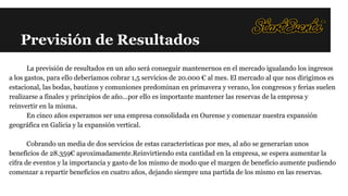 Previsión de Resultados
La previsión de resultados en un año será conseguir mantenernos en el mercado igualando los ingresos
a los gastos, para ello deberíamos cobrar 1,5 servicios de 20.000 € al mes. El mercado al que nos dirigimos es
estacional, las bodas, bautizos y comuniones predominan en primavera y verano, los congresos y ferias suelen
realizarse a finales y principios de año...por ello es importante mantener las reservas de la empresa y
reinvertir en la misma.
En cinco años esperamos ser una empresa consolidada en Ourense y comenzar nuestra expansión
geográfica en Galicia y la expansión vertical.
Cobrando un media de dos servicios de estas características por mes, al año se generarían unos
beneficios de 28.359€ aproximadamente.Reinvirtiendo esta cantidad en la empresa, se espera aumentar la
cifra de eventos y la importancia y gasto de los mismo de modo que el margen de beneficio aumente pudiendo
comenzar a repartir beneficios en cuatro años, dejando siempre una partida de los mismo en las reservas.

 