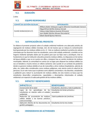 I.E. N°86673 – CANCHIRAO - QUILLO- YUNGAY
INICIAL - PRIMARIA - SECUNDARIA
V.2. DURACIÓN
2 años
V.3. EQUIPO RESPONSABLE
COMITÉ DE GESTIÓN ESCOLAR INTEGRANTES
Comité Ambiental de la I.E.
Williams Beder Velásquez Lugerio (Director) Coordinador General
Miguel Efraín Del Río Jiménez (inicial)
Yuliana Lisbet Dolores Huamán (Primaria)
Juan Ubaldo Sánchez Ahuayo (Secundaria)
Edwin David Quiroz Herrera
V.4. JUSTIFICACIÓN DEL PROYECTO
Se elabora el presente proyecto sobre el cuidado ambiental mediante una adecuada práctica de
segregación de residuos sólidos (reciclaje, etc); de tal manera que se reduzca la contaminación
local generada por los residuos sólidos en la I. E. Esto se realizará mediante la práctica de valores
orientados por los docentes hacia los estudiantes, acerca del cuidado ambiental, y también en los
hogares mediante ejemplos dados por los padres para que sus hijos vean y practiquen. Esto se
fundamenta en que la institución educativa presenta residuos sólidos, no dispuestos en los tachos
de basura debido a que no se cuenta con ellos, y tampoco hay un camión recolector de residuos
municipales. Además, la comunidad no cuenta con un lugar para disponer los residuos sólidos (ya
sea un botadero y mucho menos un relleno sanitario); esto sucede en un contexto de pandemia
donde se generan residuos debido al uso de mascarillas y otros residuos hospitalarios, además de
pilas, etc; todos ellos considerados como residuos peligrosos, esto atenta contra la salud de las
personas. Es en este marco que se plantea como objetivo concientizar a los decentes, estudiantes
y población para reducir la acumulación de residuos sólidos; de esta manera se busca que los
estudiantes desarrollen competencias, capacidades y desempeños relacionados al cuidado
ambiental y en especial a la adecuada gestión de los residuos sólidos.
V.5. IMPACTO Y BENEFICIARIOS
IMPACTO (+) BENEFICIARIO
Conservación de la salud Estudiantes, docentes y toda la población.
Logro de los aprendizajes de los
estudiantes en relación sobre el cuidado
ambiental.
Estudiantes de Inicial, primaria y
secundaria
Reducción de acumulación de residuos
sólidos debido a las buenas prácticas
como el reciclaje.
Toda la población de Canchirao
Aplicación efectiva de los documentos de
gestión pedagógica
Estudiantes de los tres niveles
V.6. CRONOGRAMA DE ACTIVIDADES
 